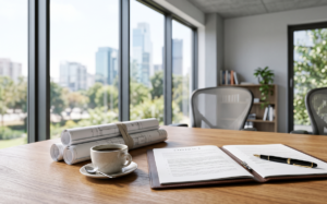 a bright, professional meeting table by a large window
